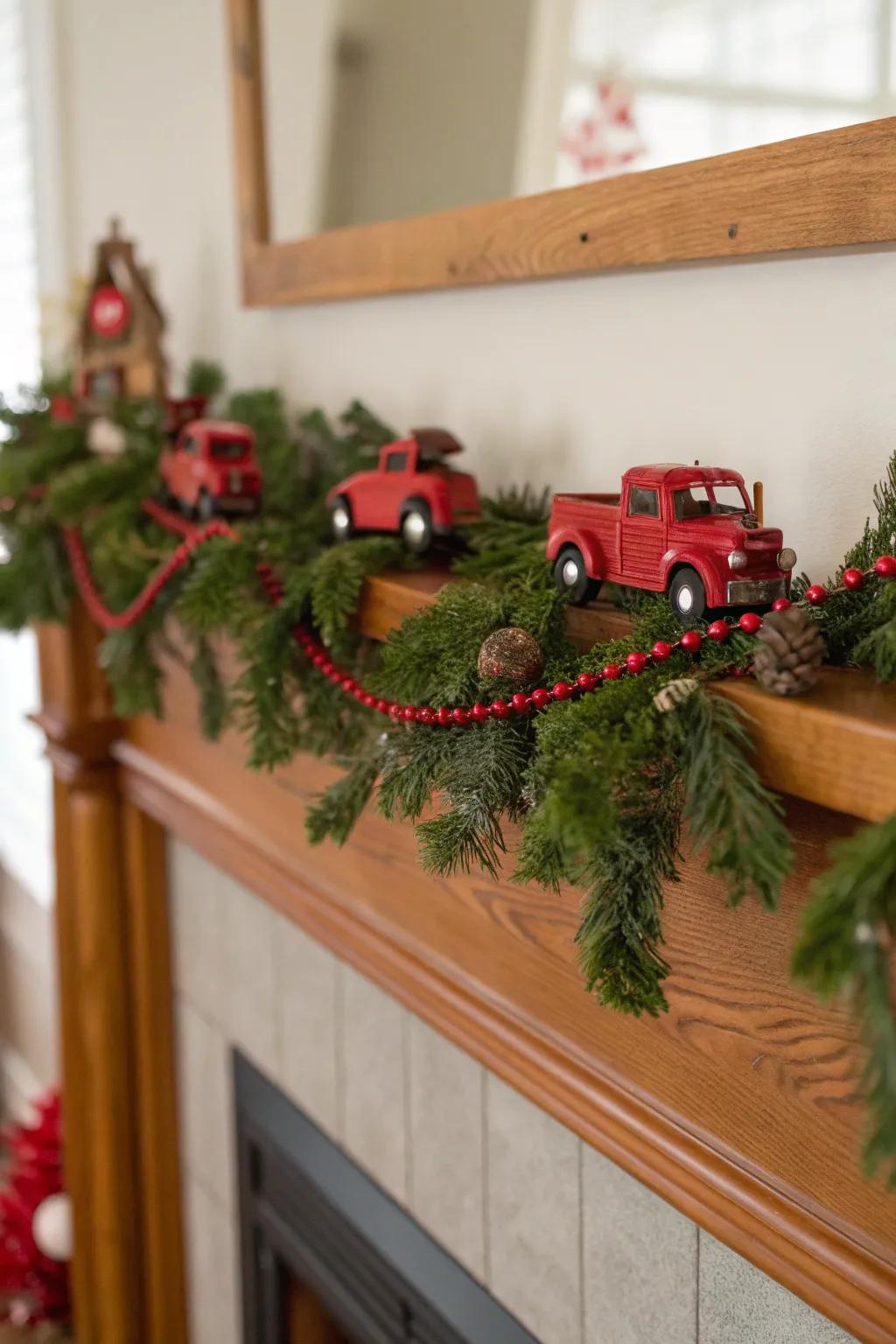 Playful garland featuring scarlet pickups adding holiday cheer.