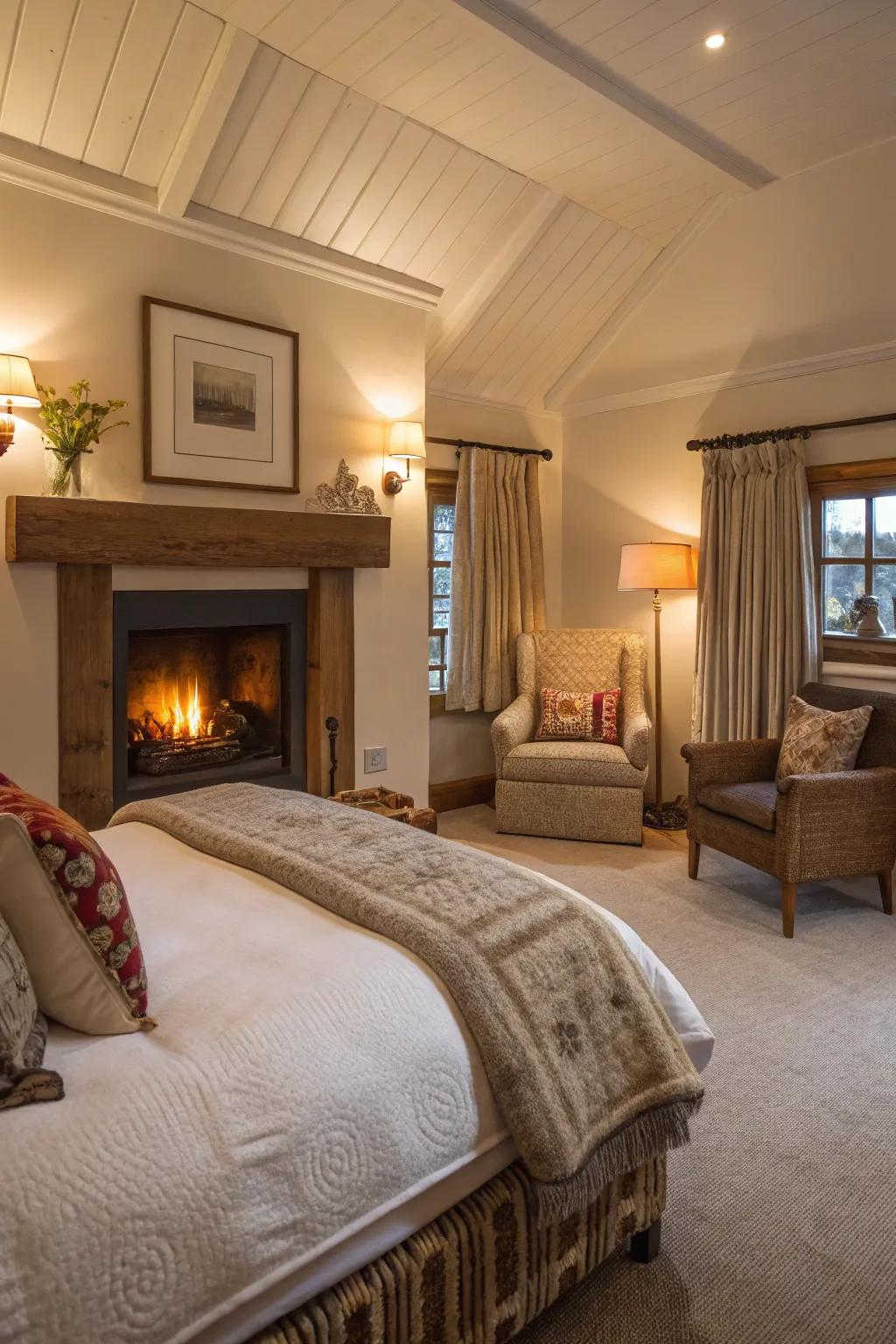 A cozy fireplace creates a warm and romantic ambiance in the bedroom.