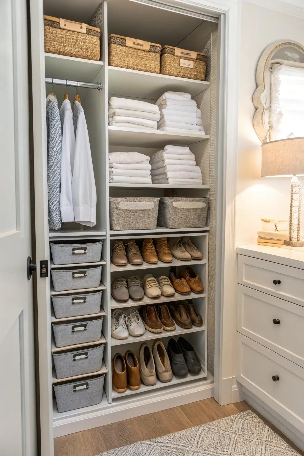 Optimize your linen closet for extra shoe storage.