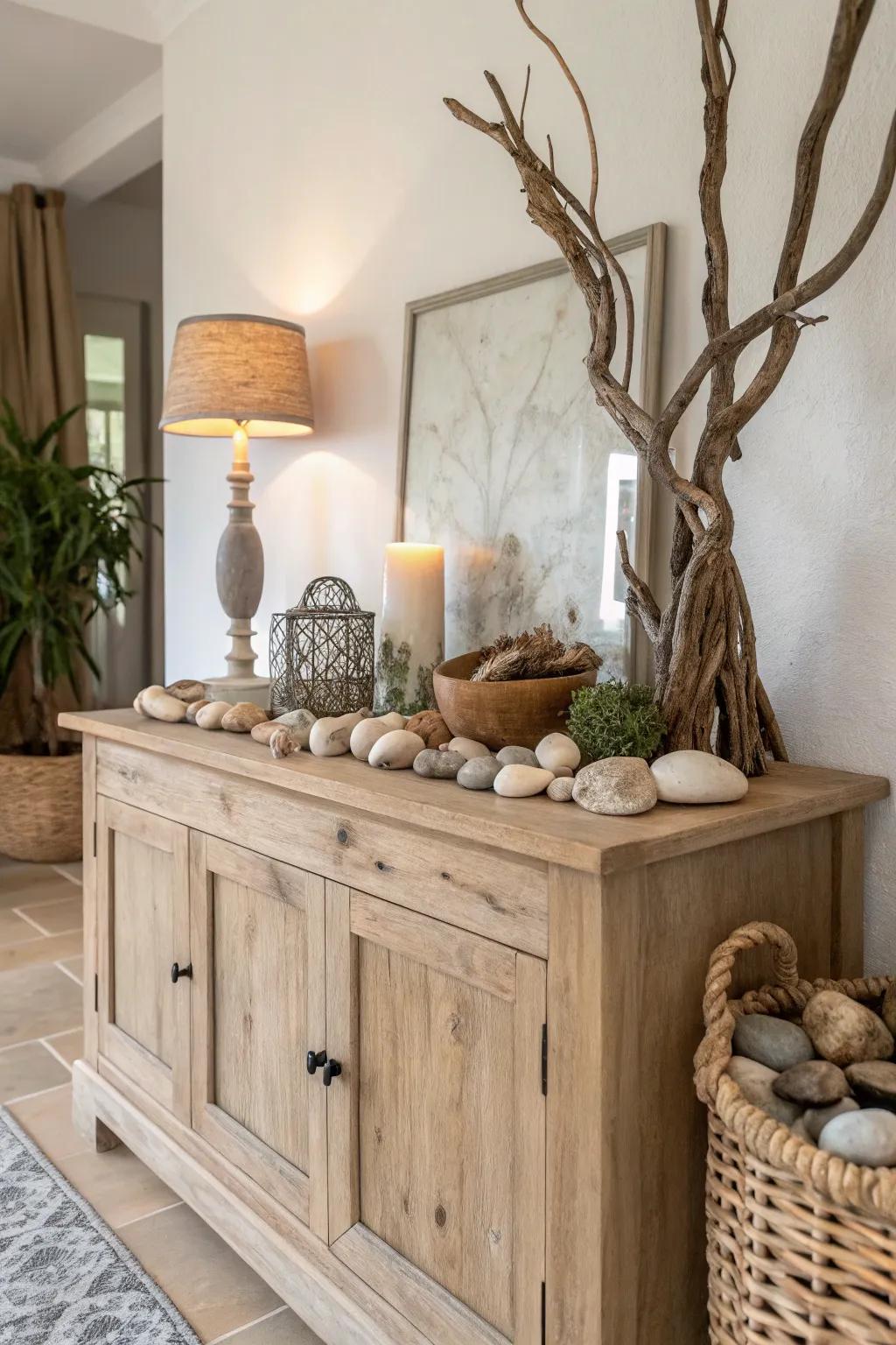 Natural elements on a sideboard bring an earthy and calming touch.