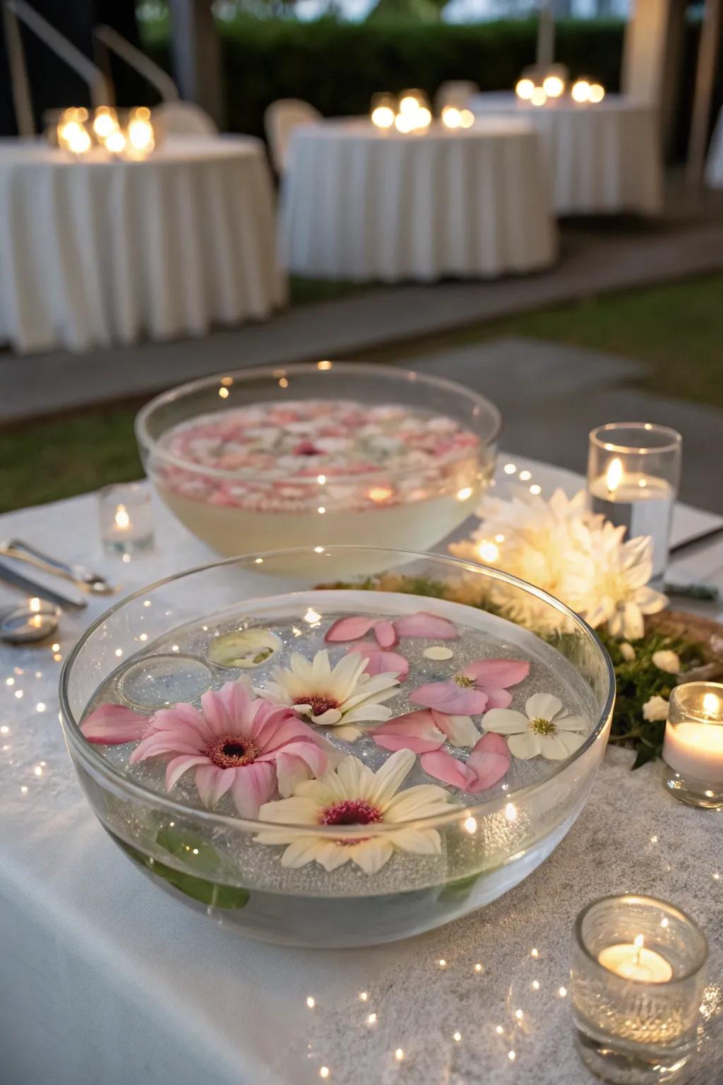 Floating flower bowls create a simple yet stunning centerpiece.