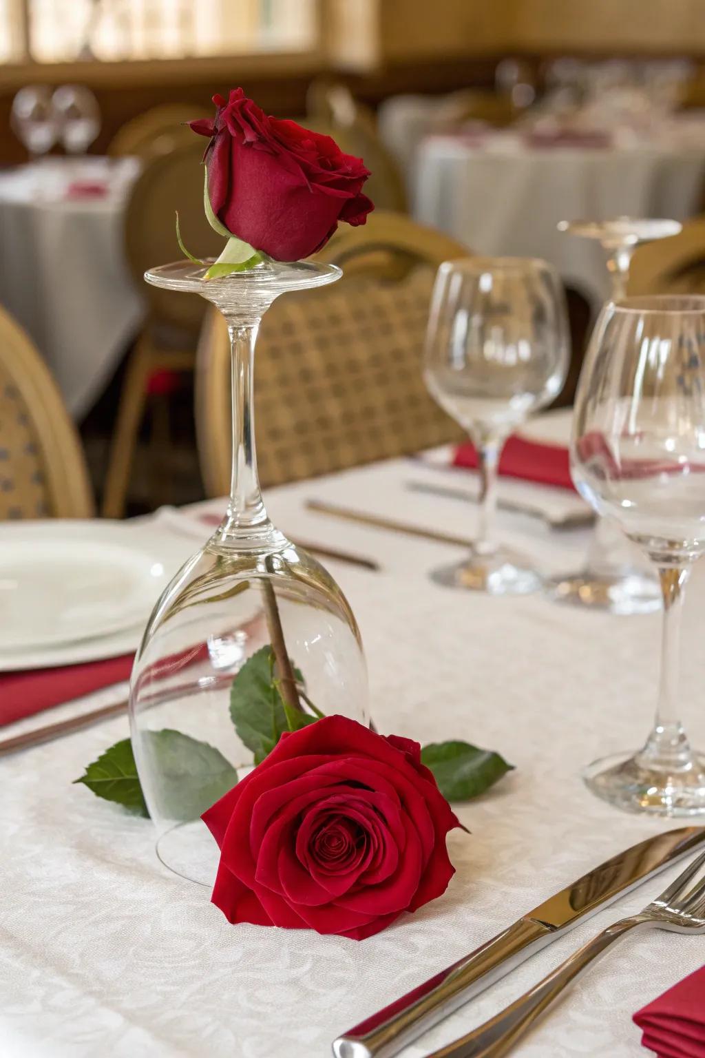 Turning a wine glass over crafts a distinctive pedestal for spotlighting a rose.