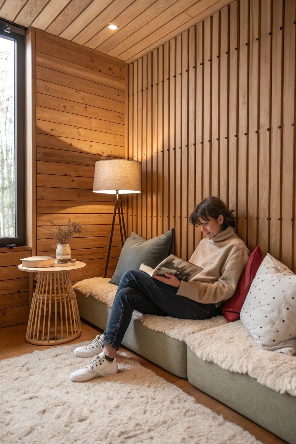 A comfortable reading nook enhanced by a warm wood slat accent.