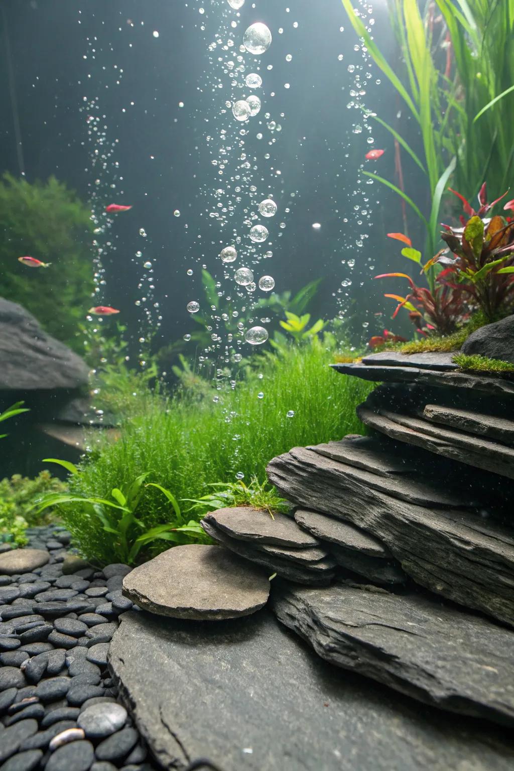 Slate-lined bubbling springs add movement to the aquarium.