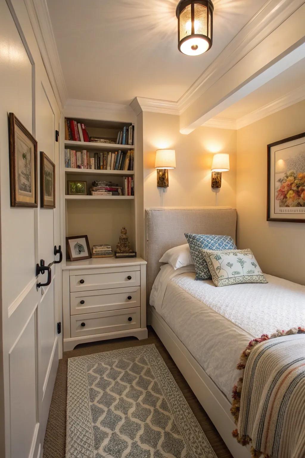 A small bedroom using wall sconces to save space and provide ample lighting.
