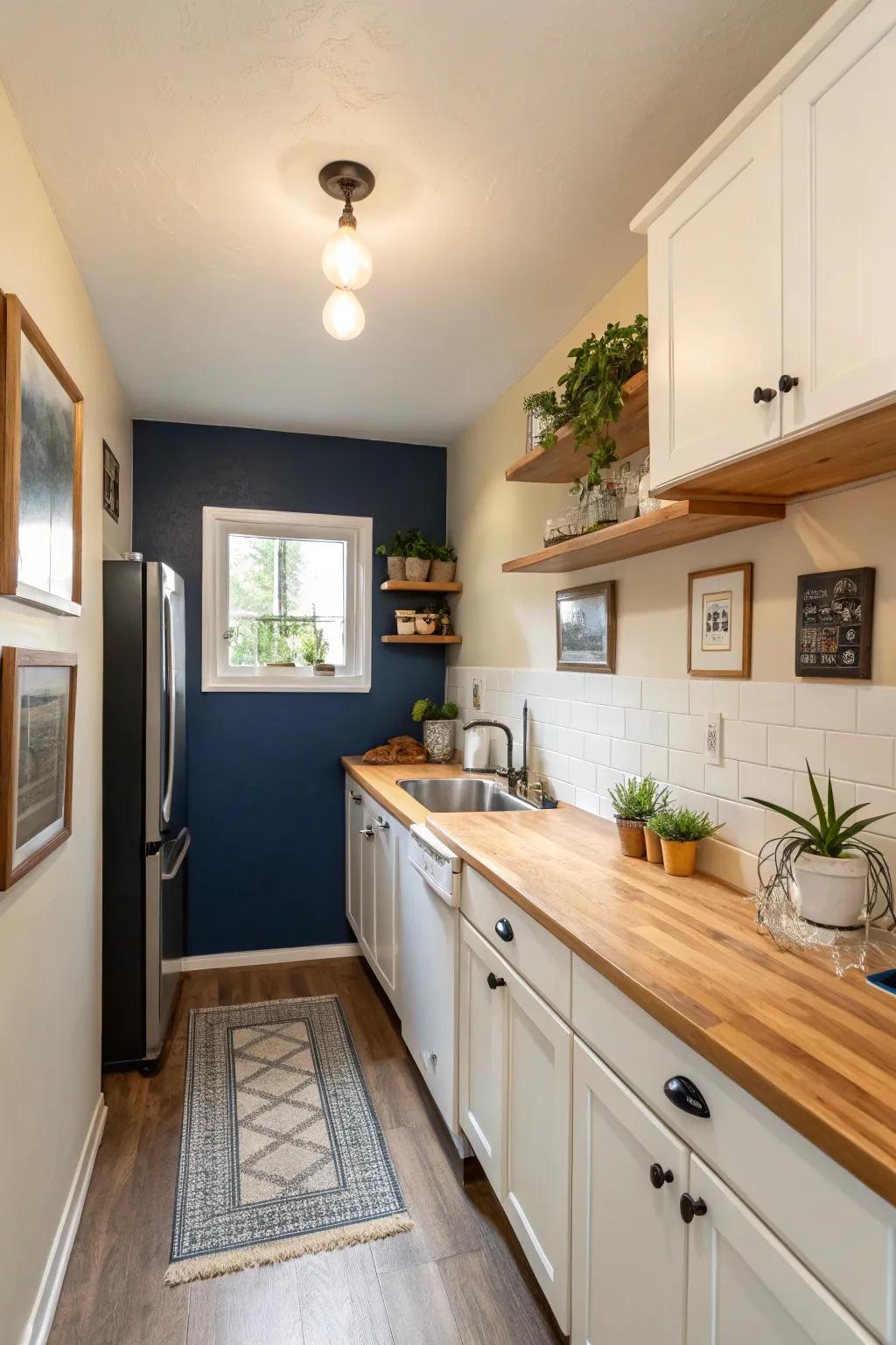 Cream and indigo create a striking yet cozy equilibrium.