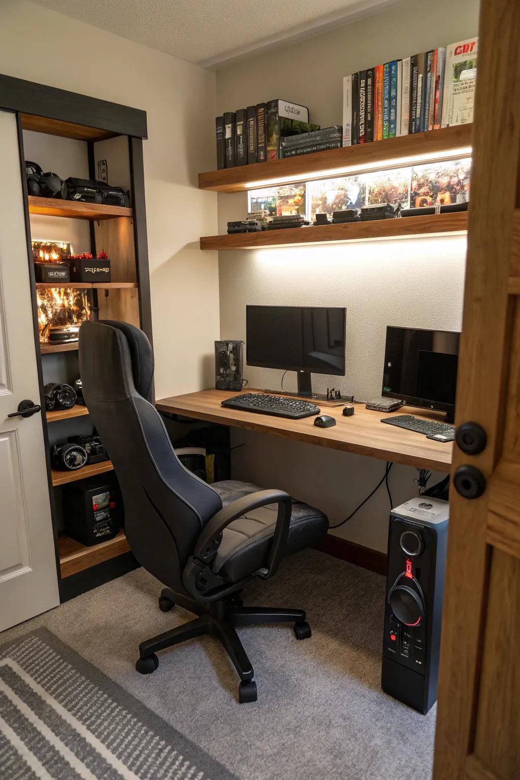 A gaming station with ergonomic seating transforms the space into a gamer's paradise.