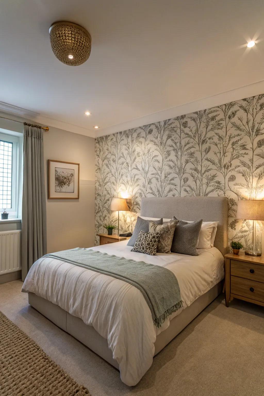 An accent wall contributes dimension to a compact primary bedroom.