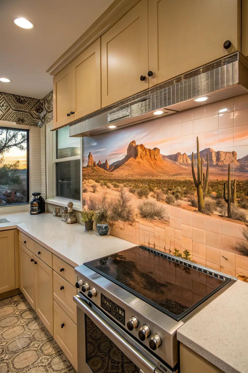 An arid vista picture turns your backsplash into a stunning focal point.