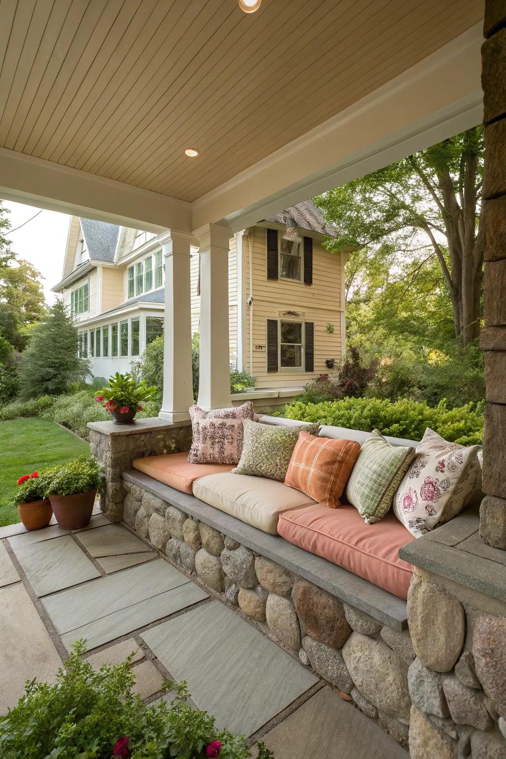 Stone seating built-ins provide durable comfort.