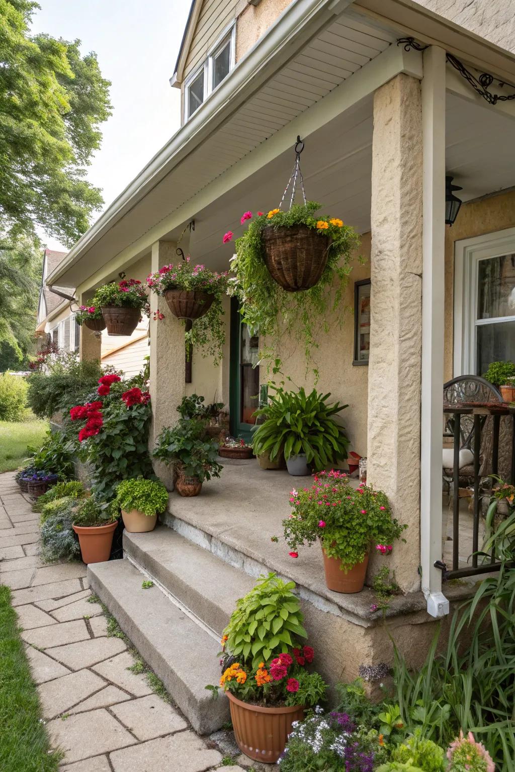 A mini garden retreat on the stucco porch creates a lush escape.