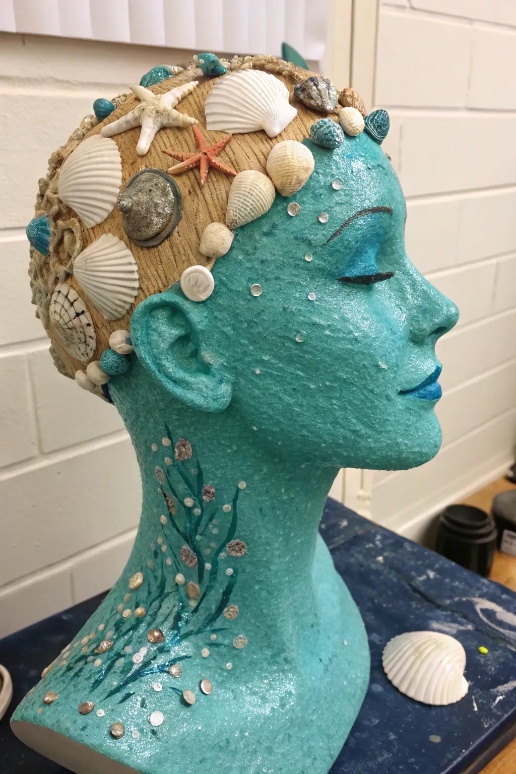 A sea siren head that captures the magic of the ocean.