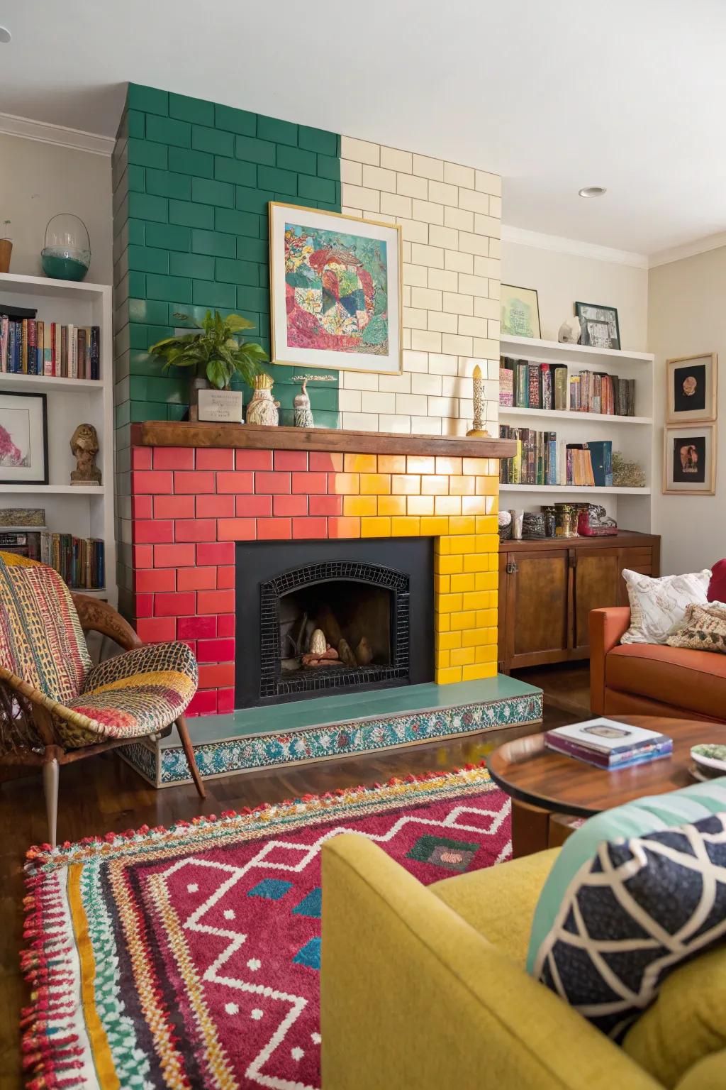 Vivid color sections make this strip tile fireplace a standout feature.