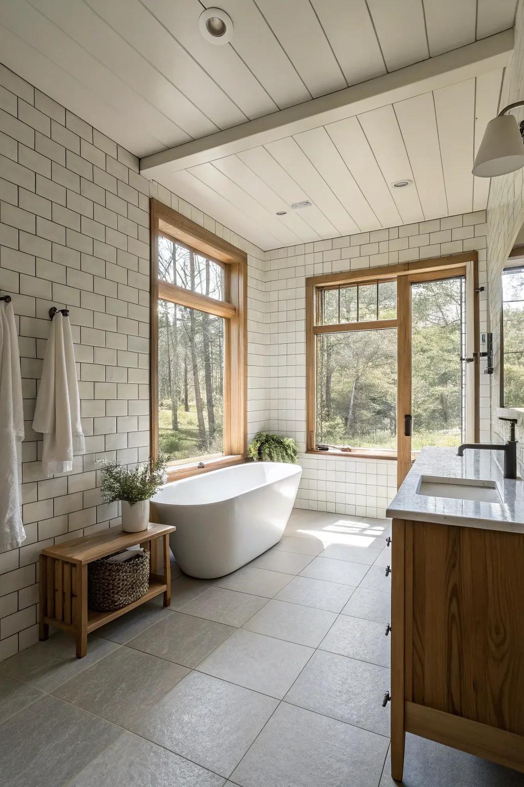 The spacious and minimalist blueprint of this bathroom is accentuated via substantial-scale claddings.