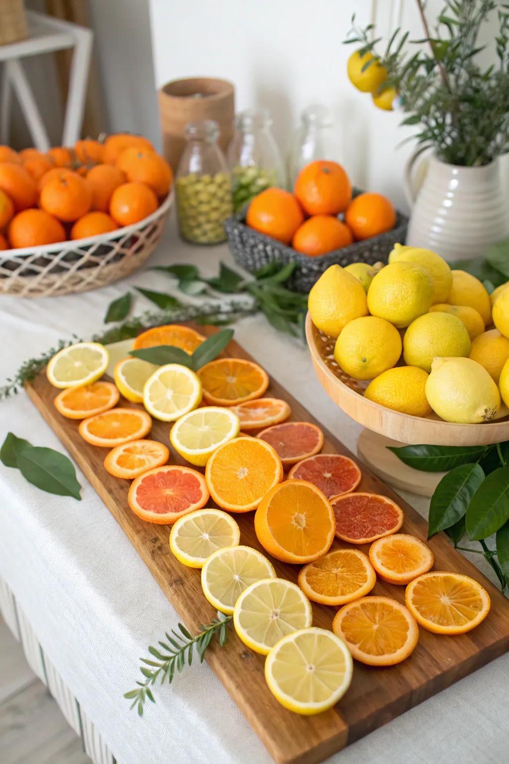 A refreshing citrus-themed board with oranges and lemons.