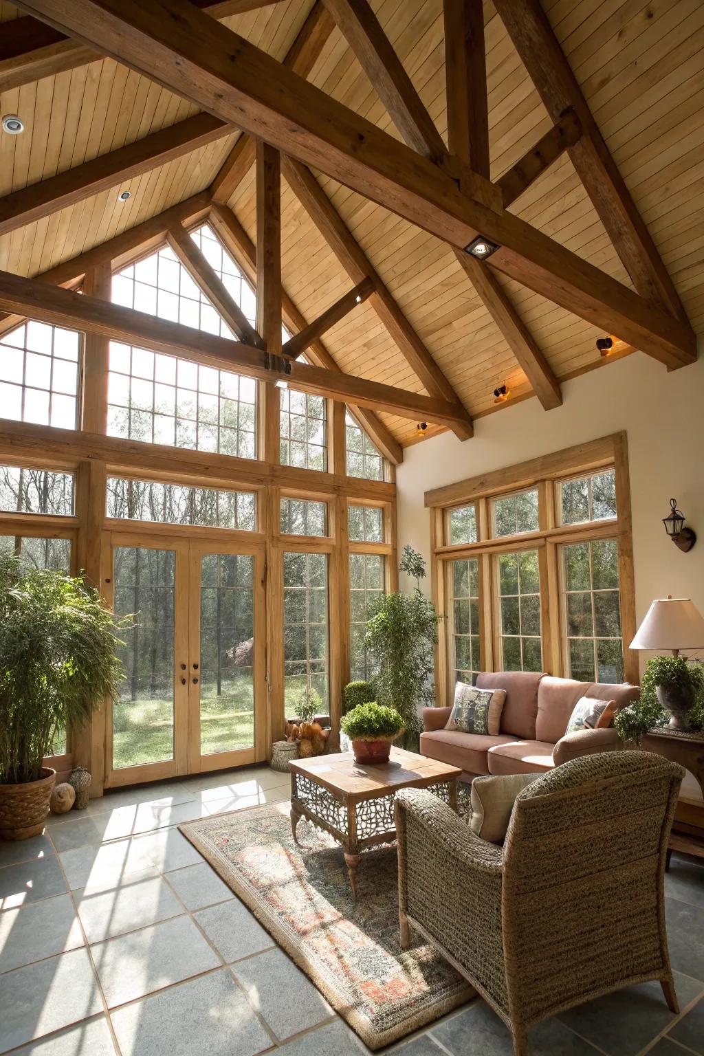 Exposed rafters add character to this sunroom ceiling.