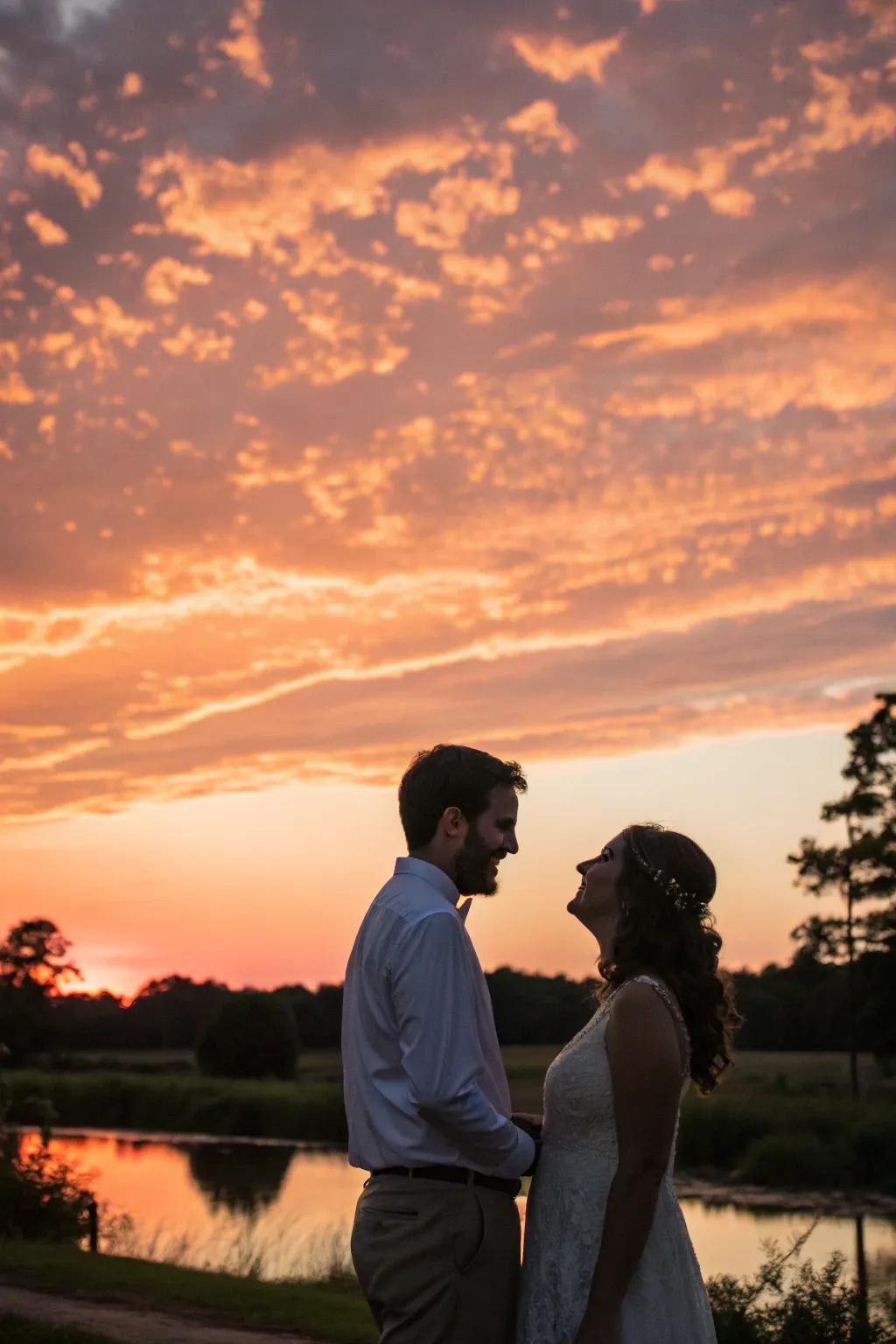 A couple during a 'premier glimpse' session beneath a golden horizon.