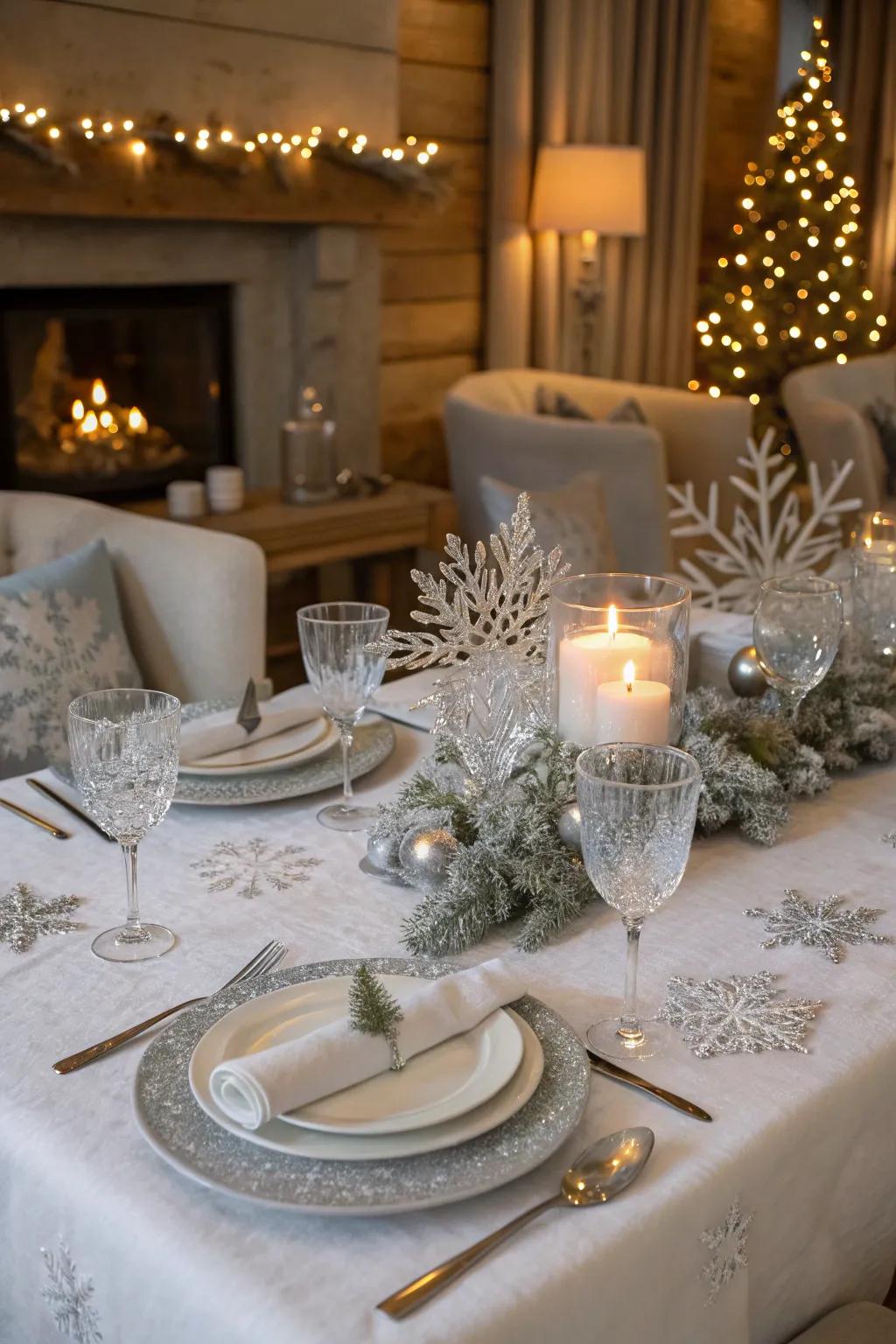 A winter-themed table arrangement showcasing icy accents.
