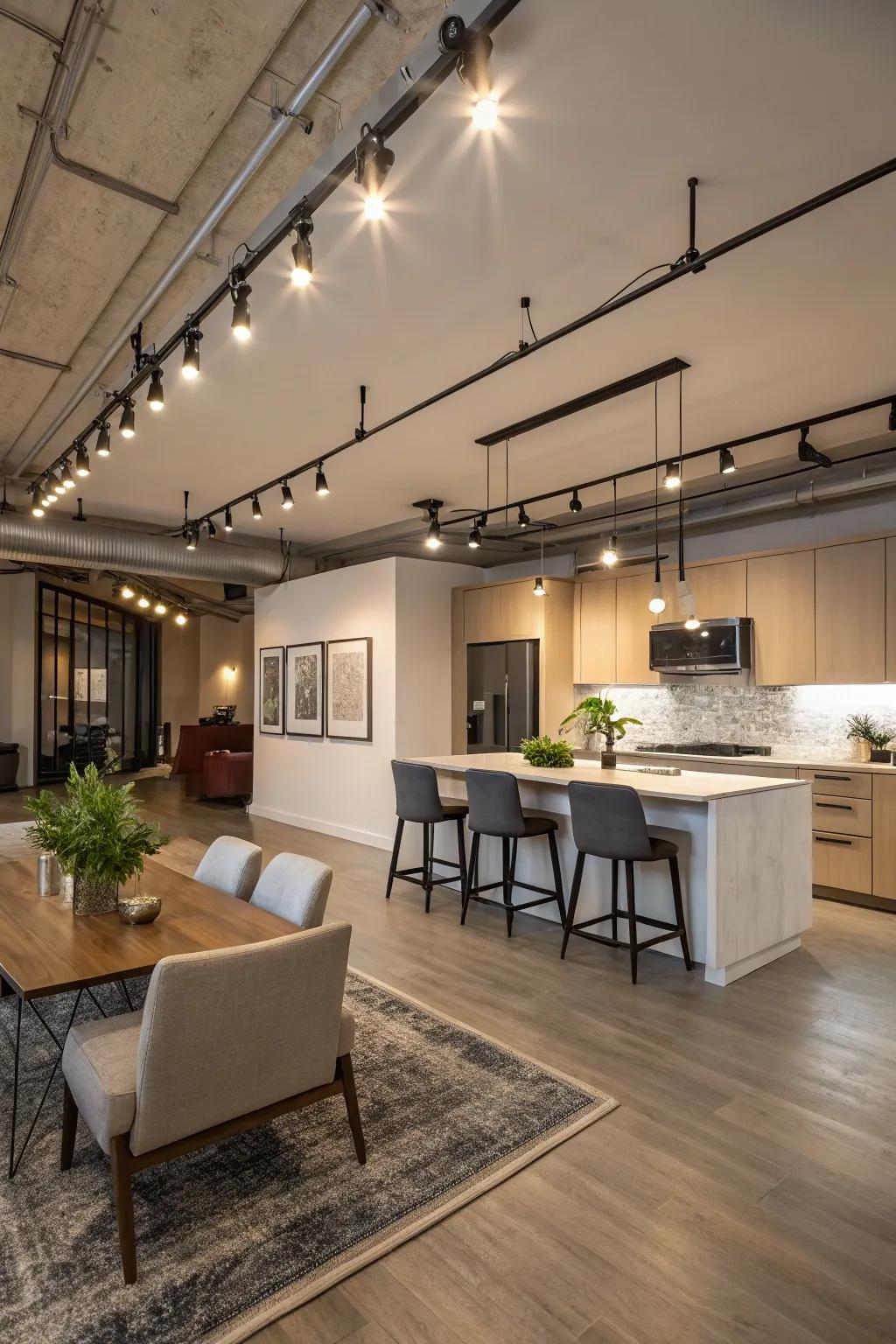 Track lighting defining kitchen spaces in open floor plans