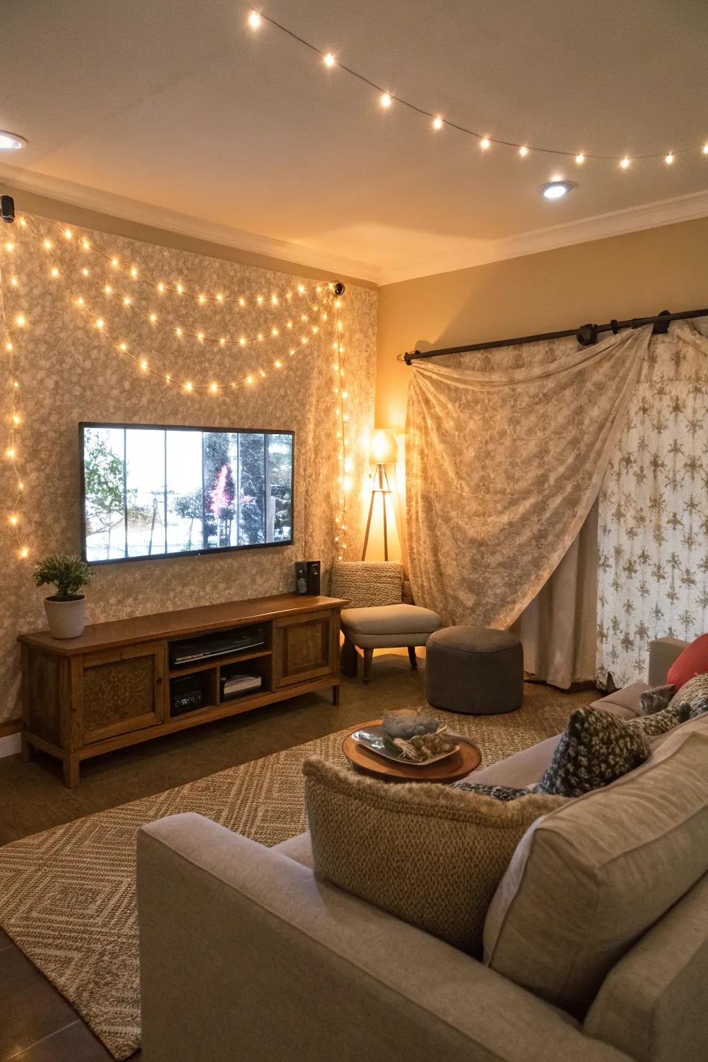 A TV wall featuring a luxurious textile backdrop for added texture.