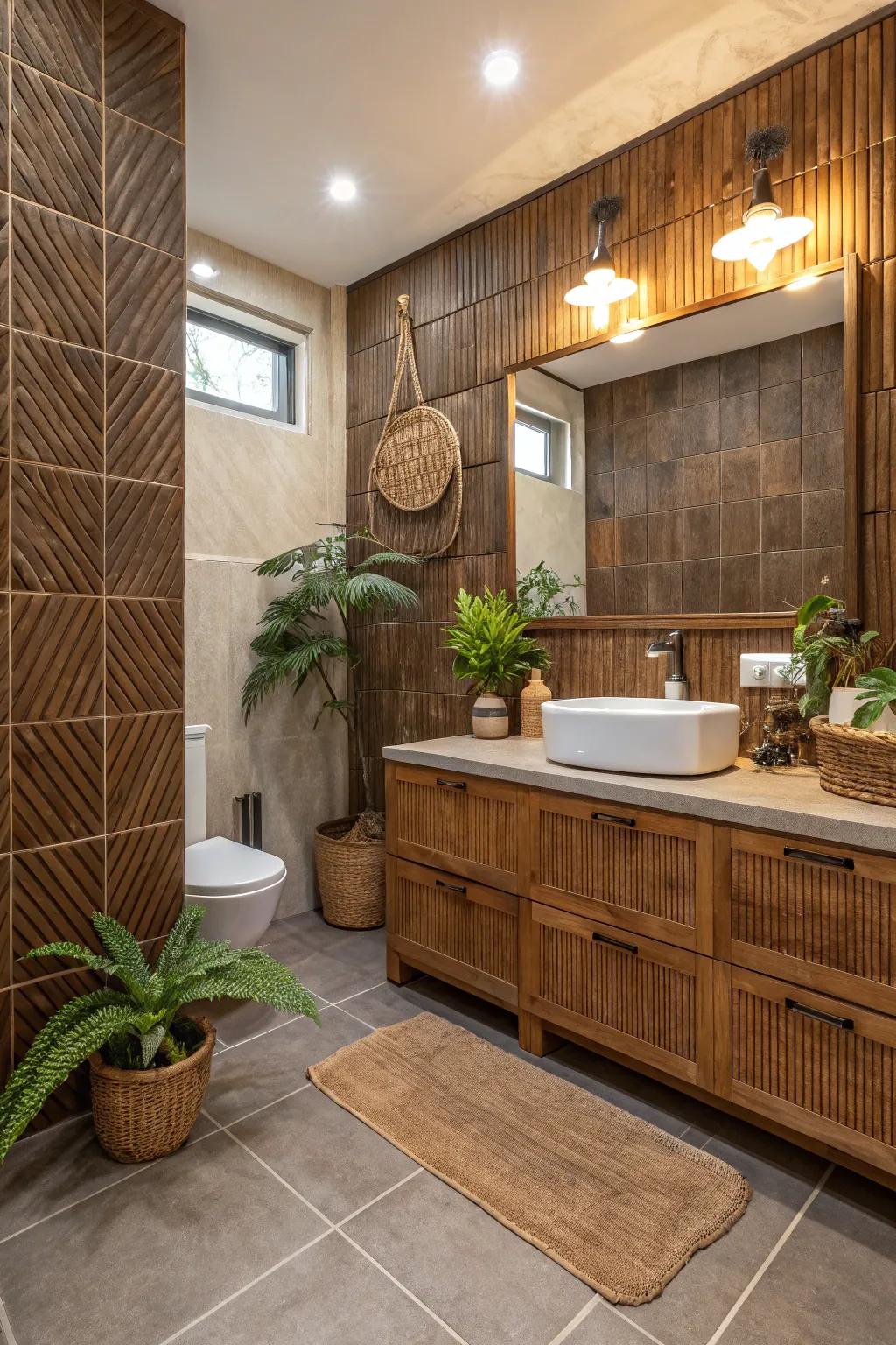 Grooved wood-look squares bring nature-inspired texture to the space.