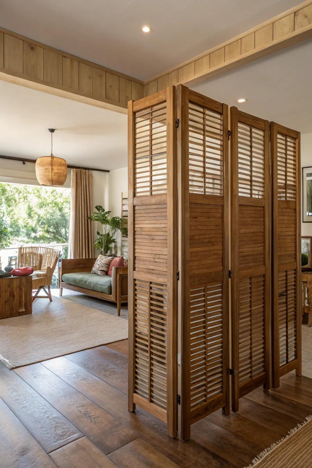 Define spaces using wooden slat dividers.