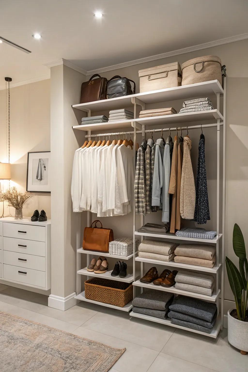 An organized room featuring a multi-shelved wall-mounted clothing rack.