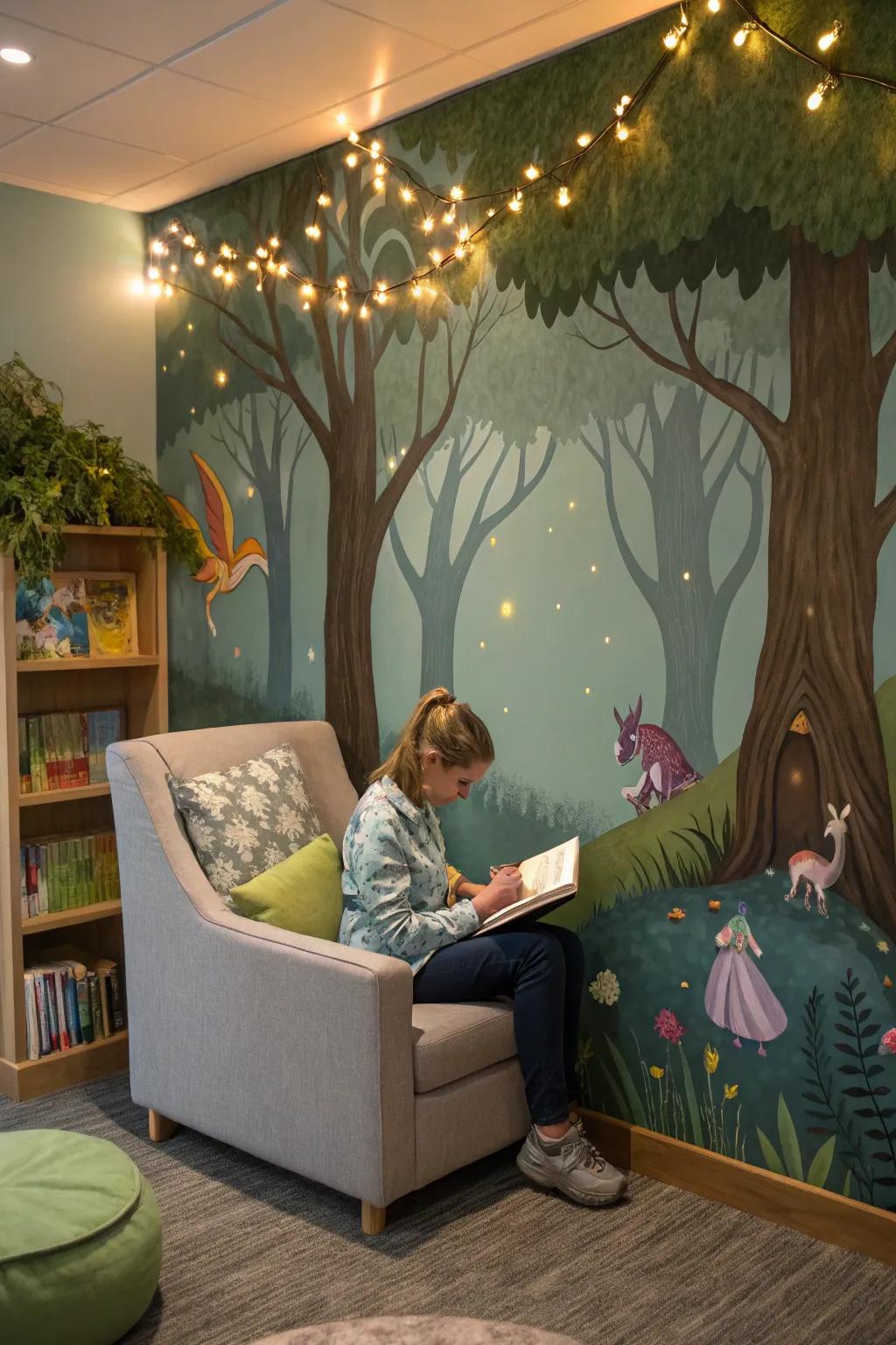 Create a magical escape with a whimsical mural in your reading nook.