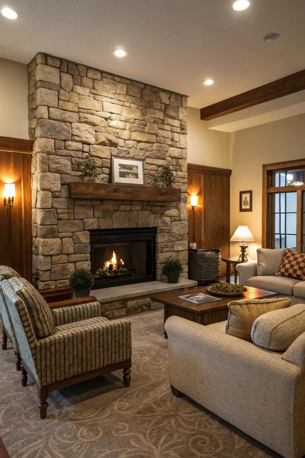 Stone cladding brings rustic elegance to living areas.