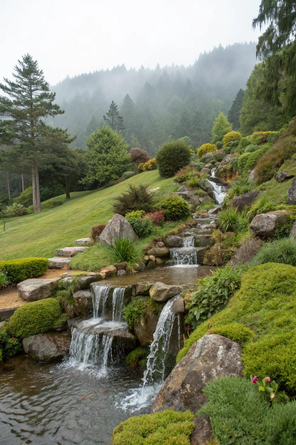 A sloped garden waterfall enhances the landscape's natural features.