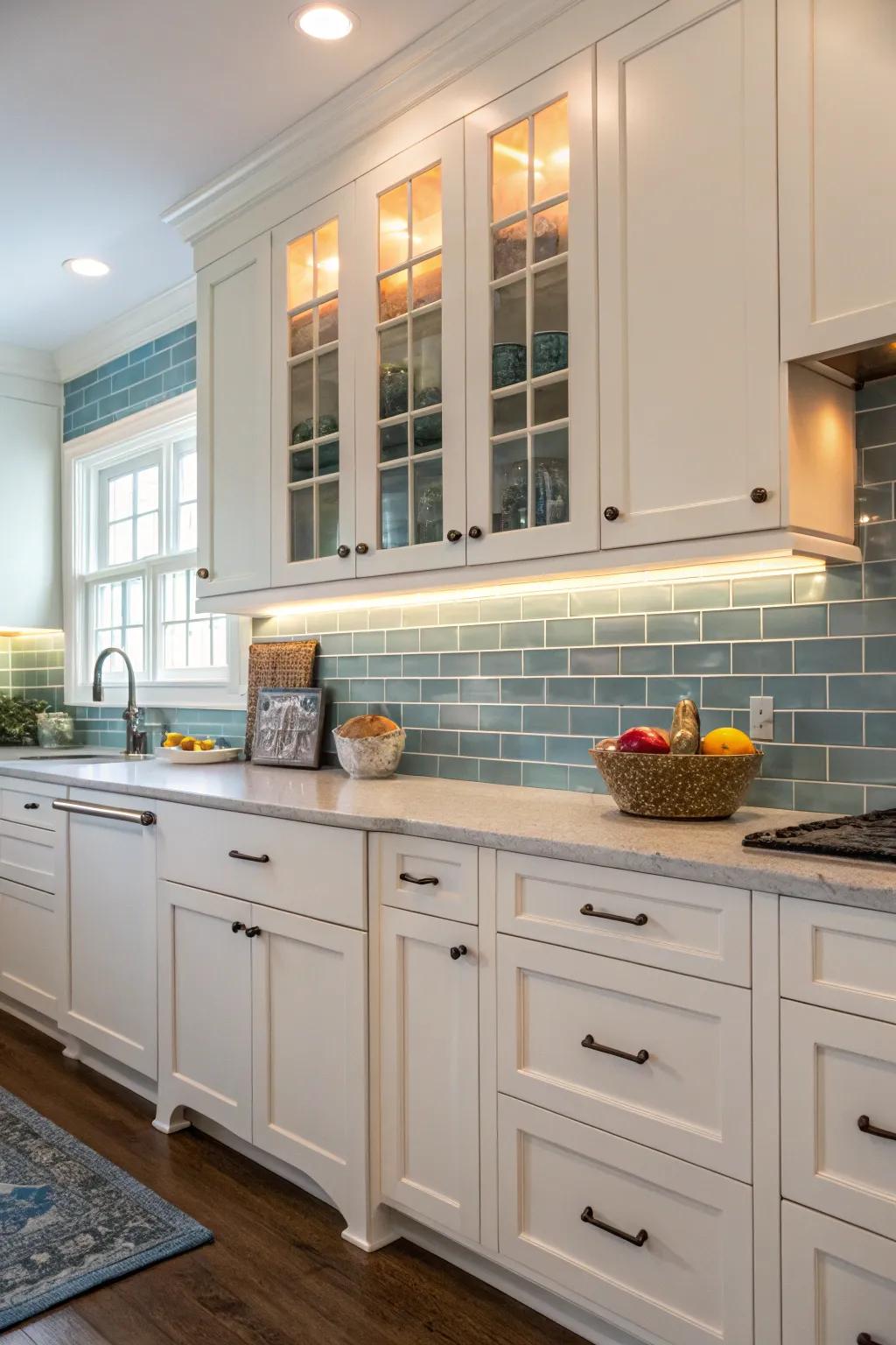 Azure brick-style tiles imbuing a sense of calm into a kitchen featuring white cabinets.