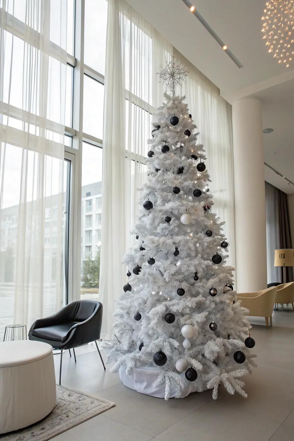 Elegant black and white theme on a white Christmas tree.