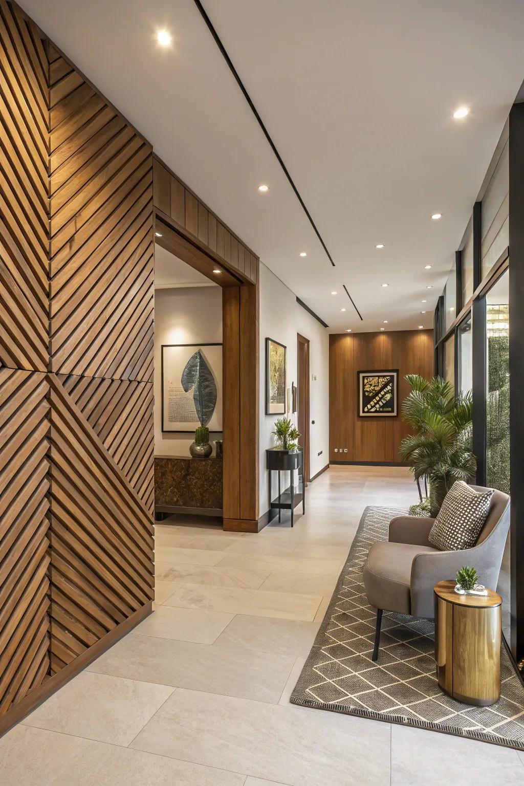 Make a memorable impact through angled timber slat patterns.