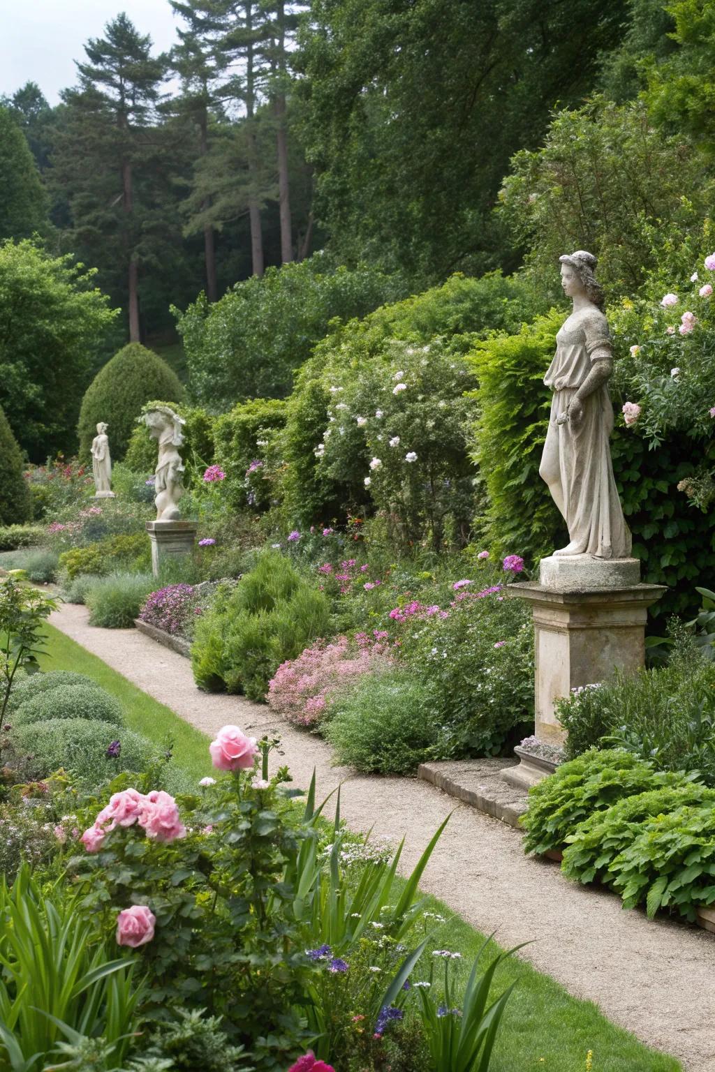 Garden sculptures add elegance and serve as focal points.