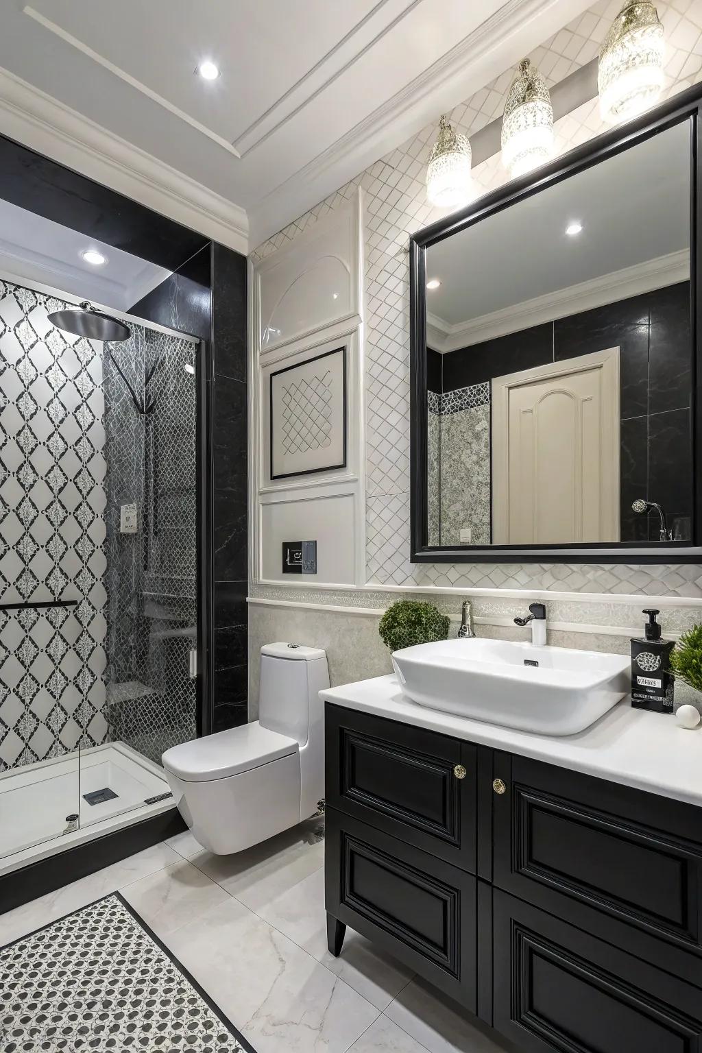 Monochrome elegance with a timeless black and white bathroom design.
