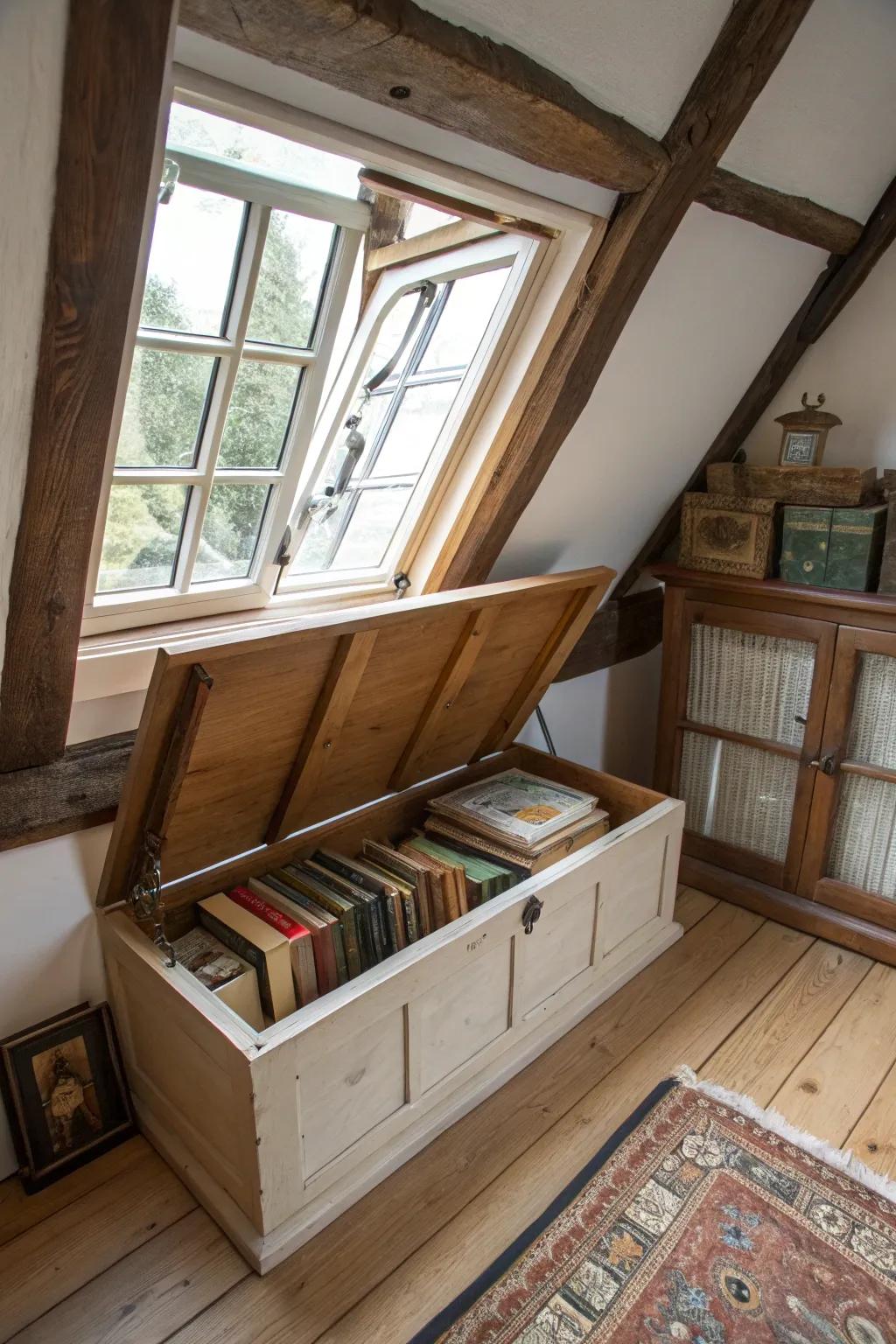 A window seat with storage adds comfort.