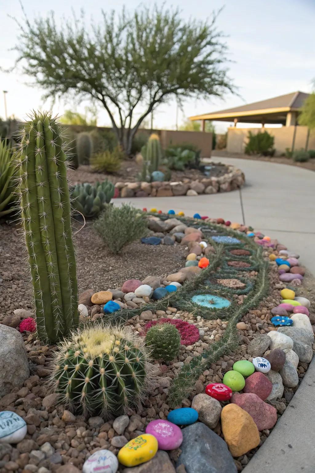 Vibrant stones encircling cacti introduce energetic patterns and textures.