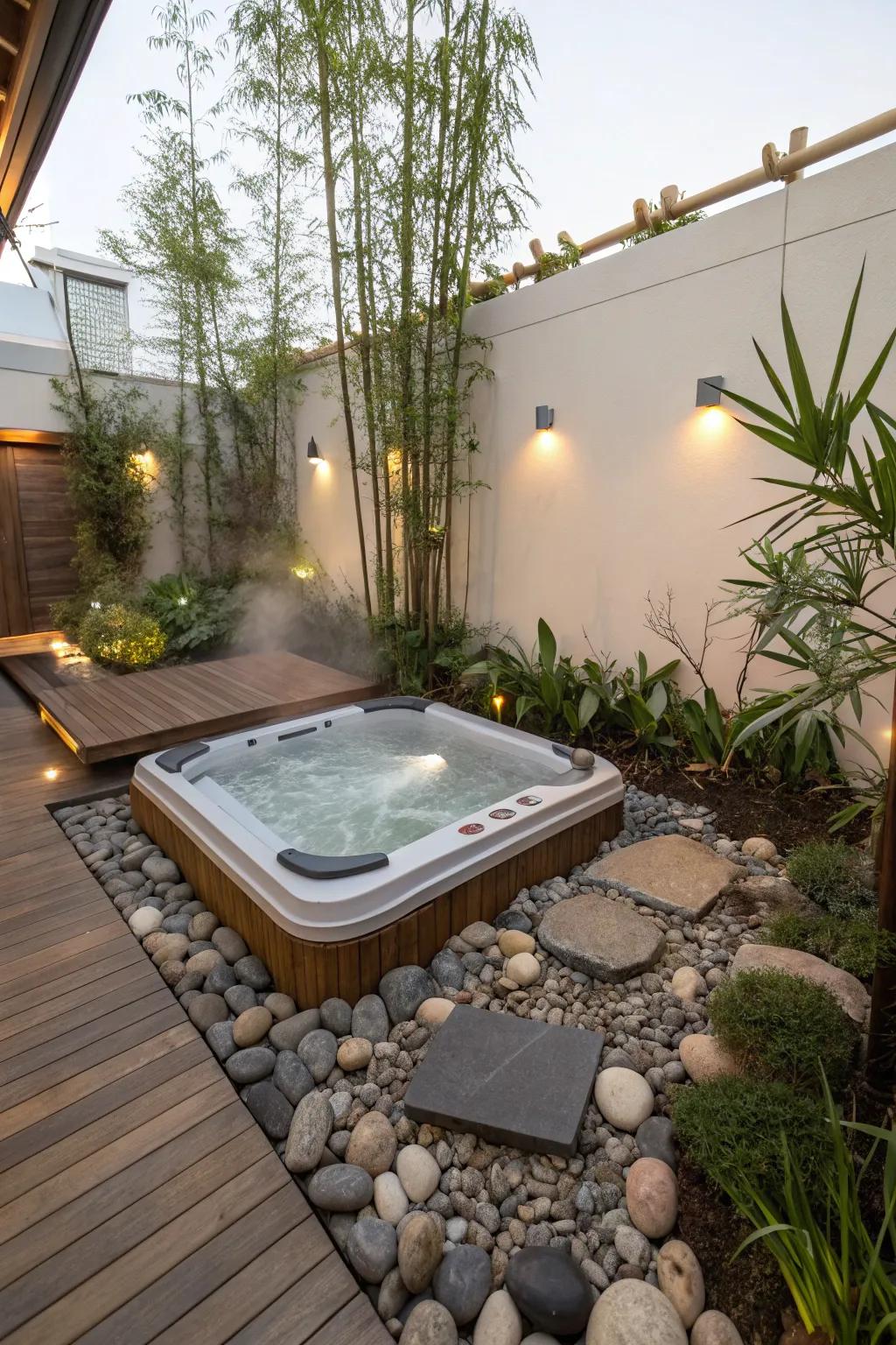 A Zen garden adds peace and meditative beauty to your hot tub area.