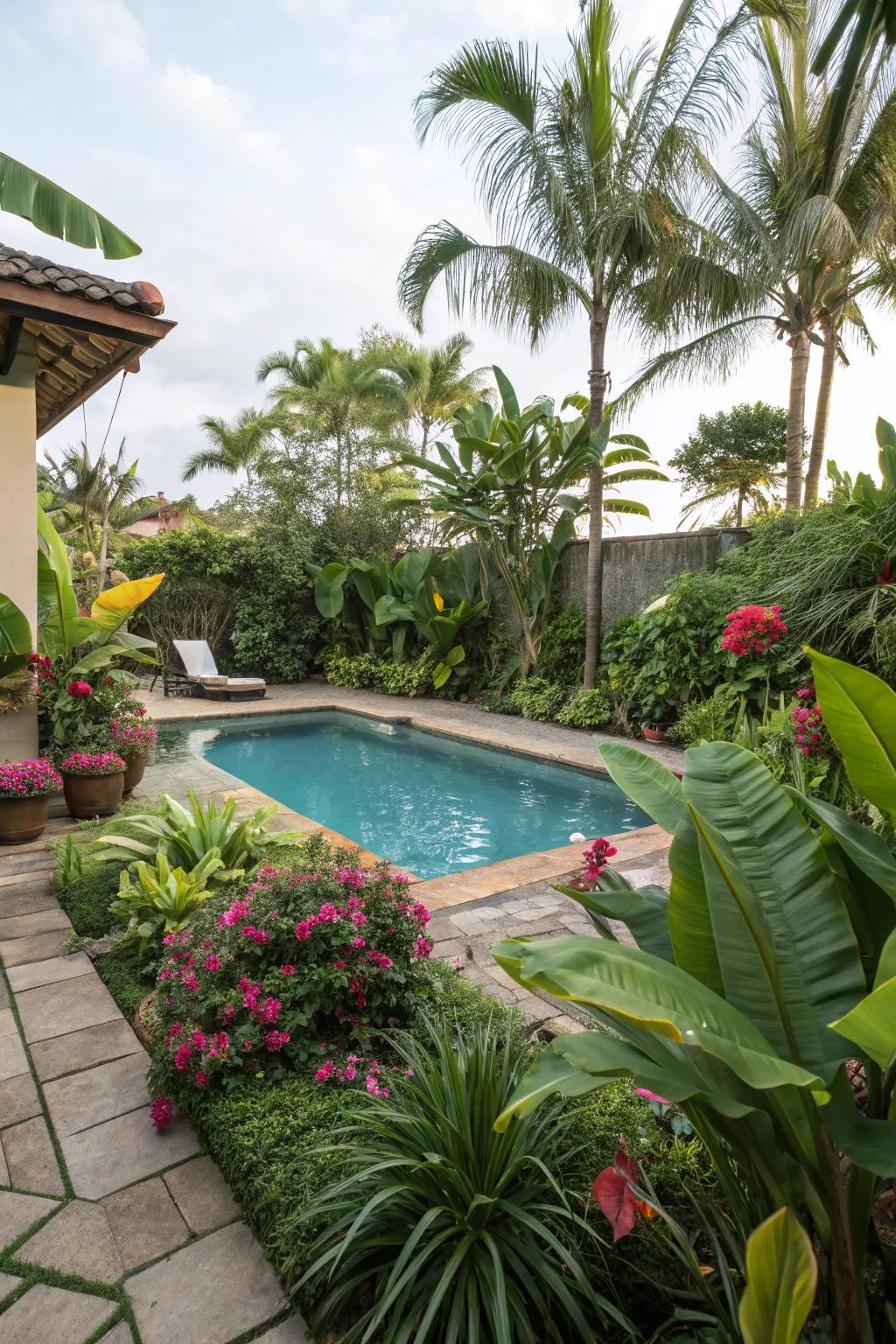 A tropical oasis pool design with lush greenery.