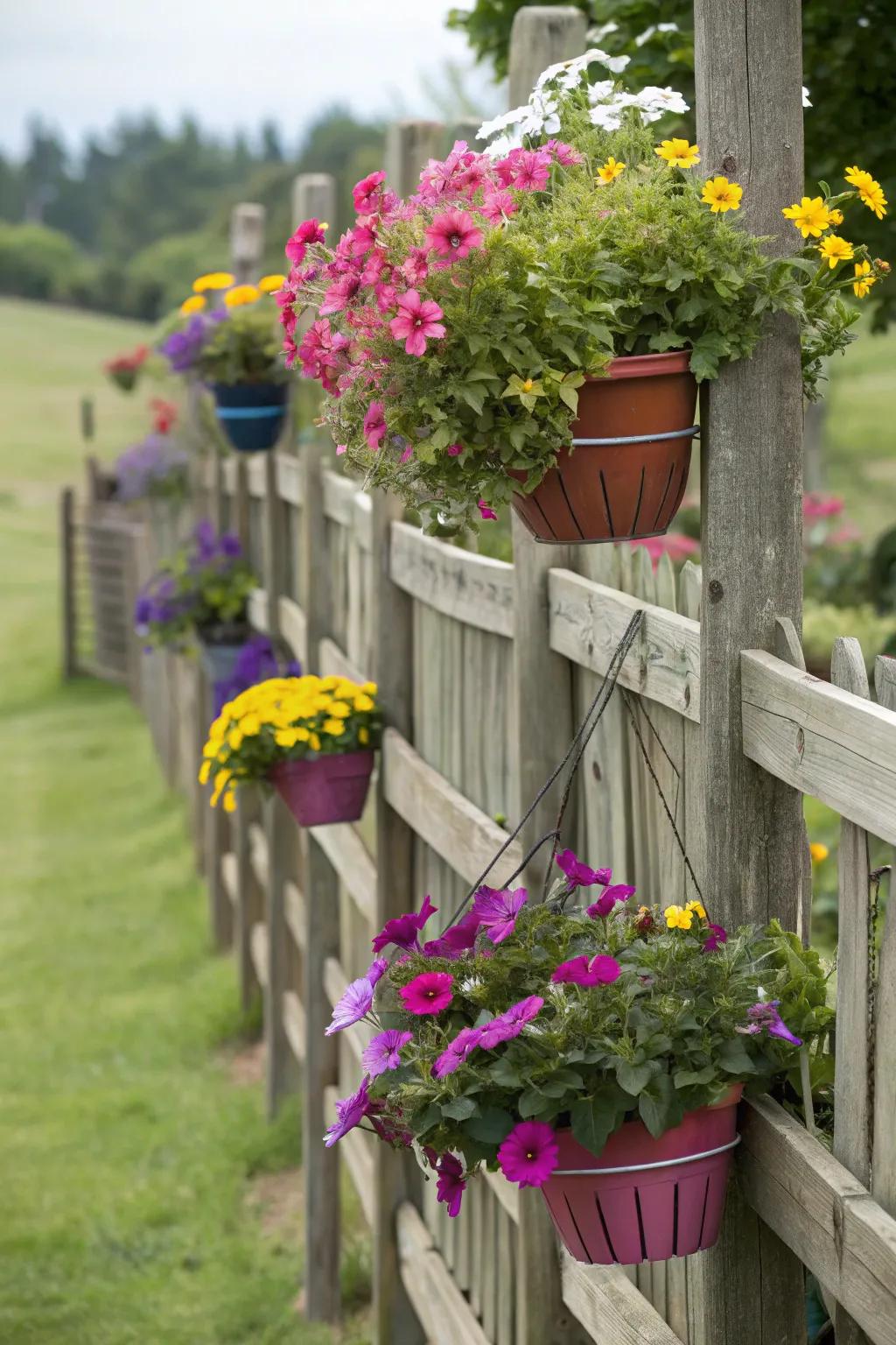 Hanging gardens on fences provide color and privacy.