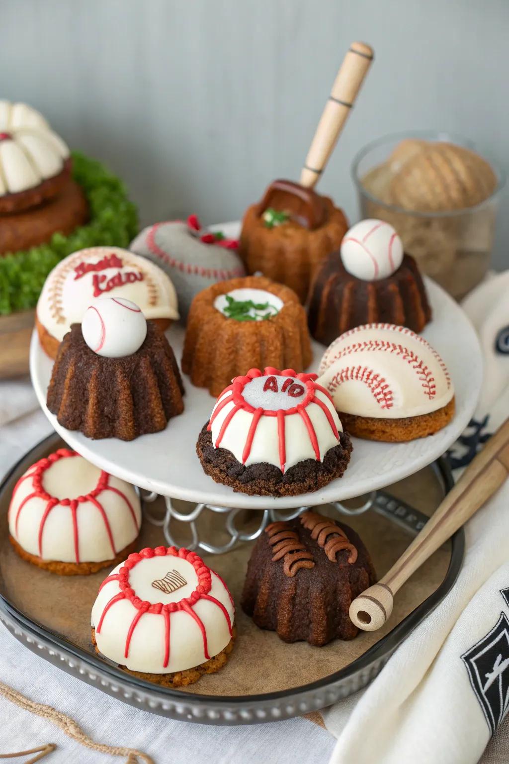 Mini baseball bundt cakes that make for a charming treat.