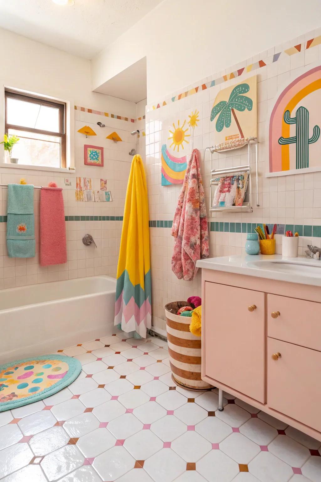 Pastel durable flooring introduces a playful and cheerful vibe to this bathroom.