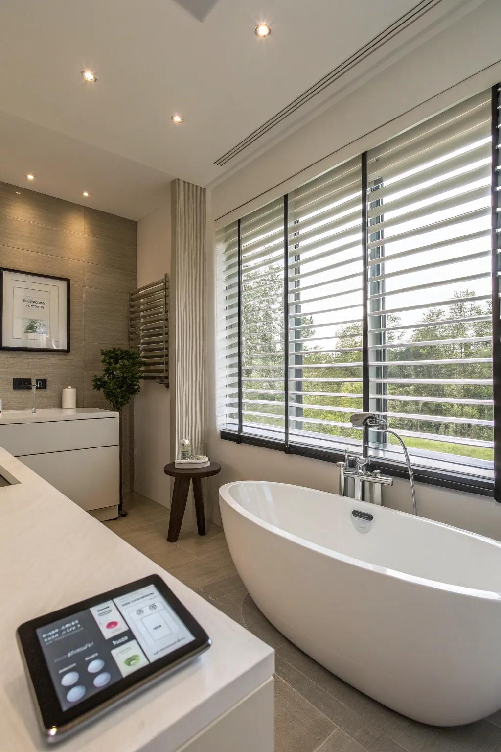 Modern convenience: Intelligent blinds for a tech-savvy bathroom.
