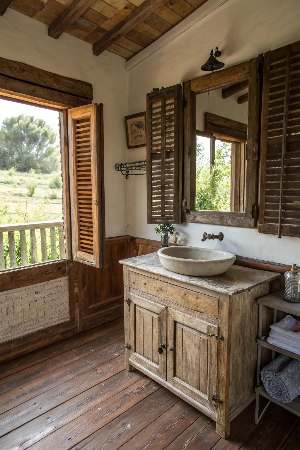 Wooden shutters adding rustic charm to the bathroom.