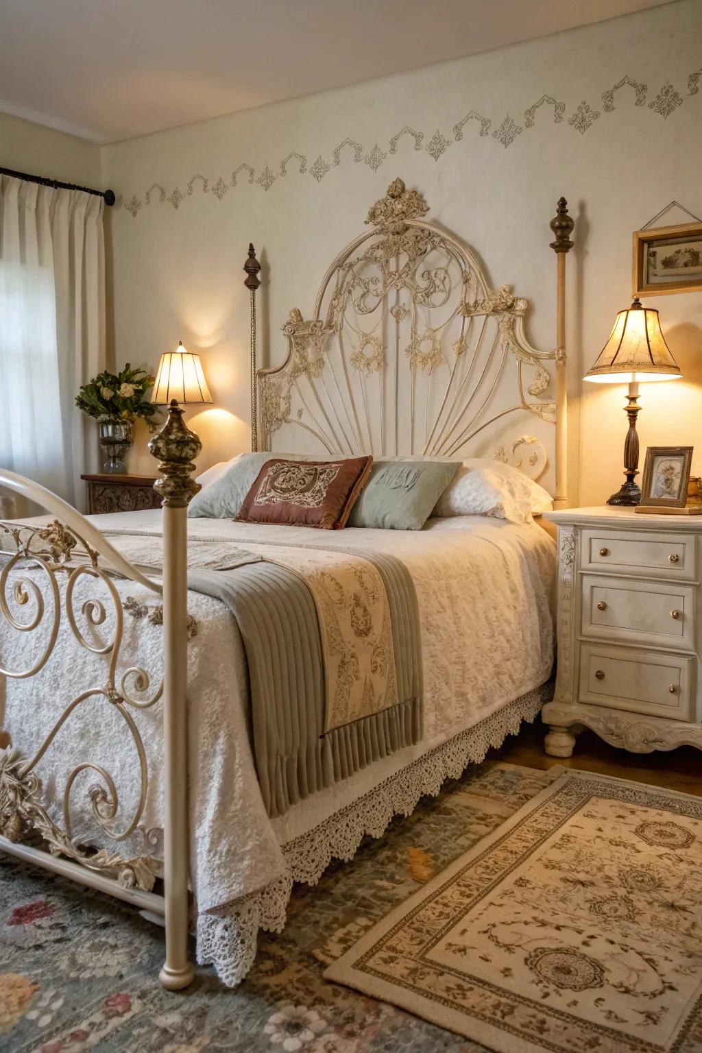 A vintage bed frame adds a touch of nostalgia and character.