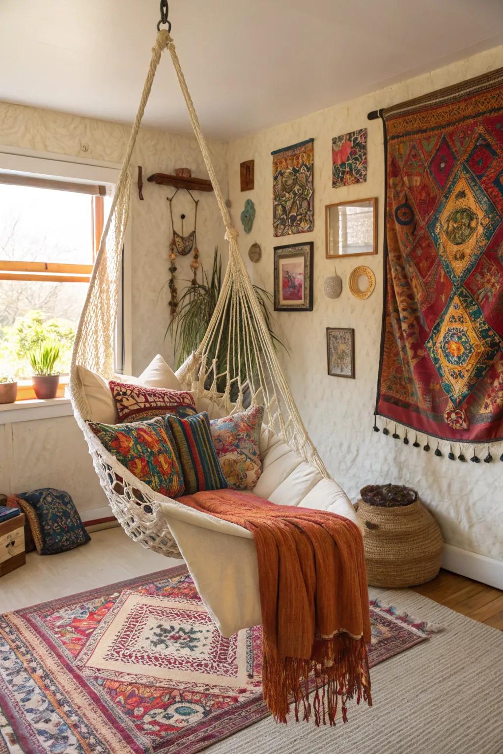 Hammock chairs add a bohemian and relaxed vibe to your space, perfect for unwinding and chilling.
