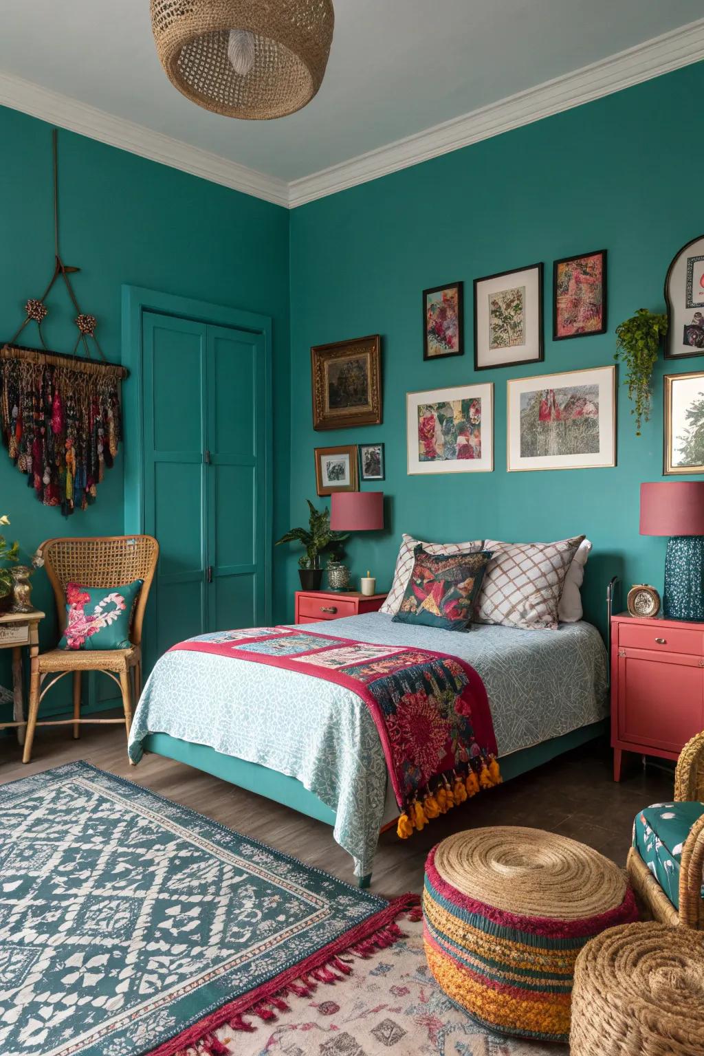 A vibrant bedroom with teal walls that add depth and creativity to the space.