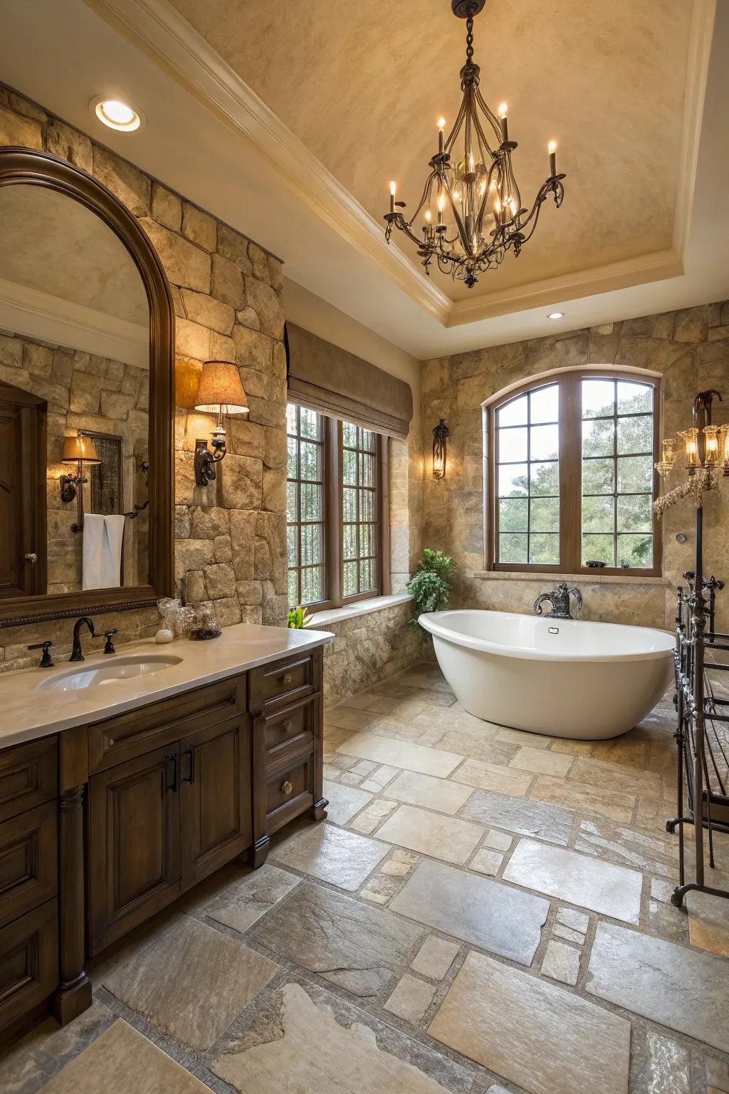 Opulent bathroom featuring stunning stone floors