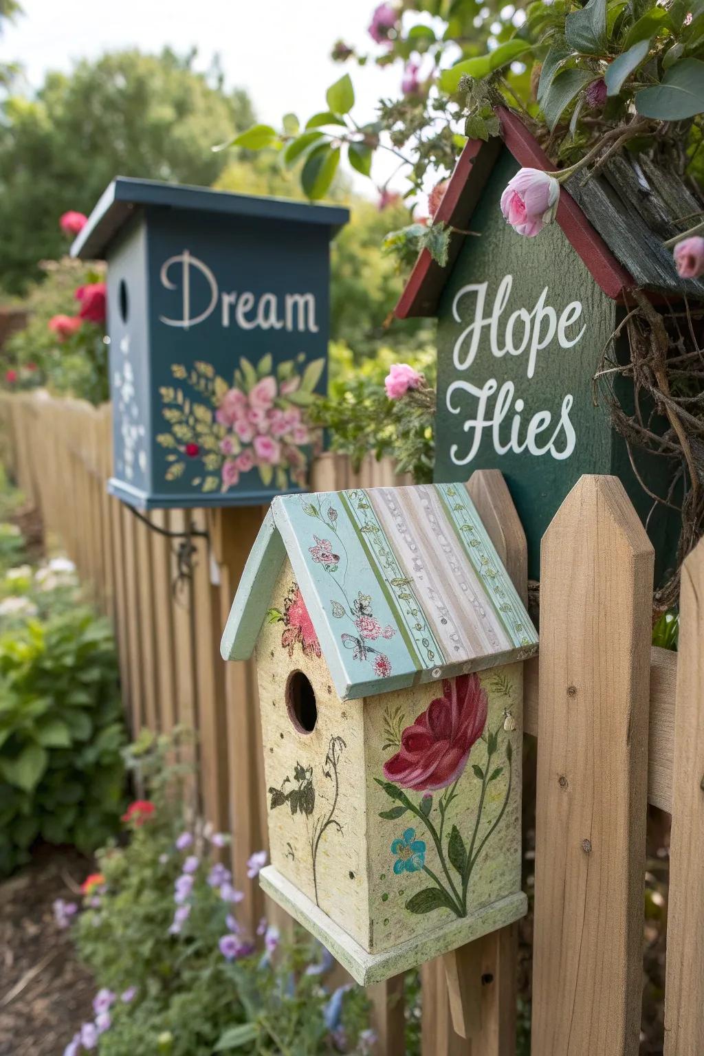 Birdhouses with messages bring positivity and charm to the fence.