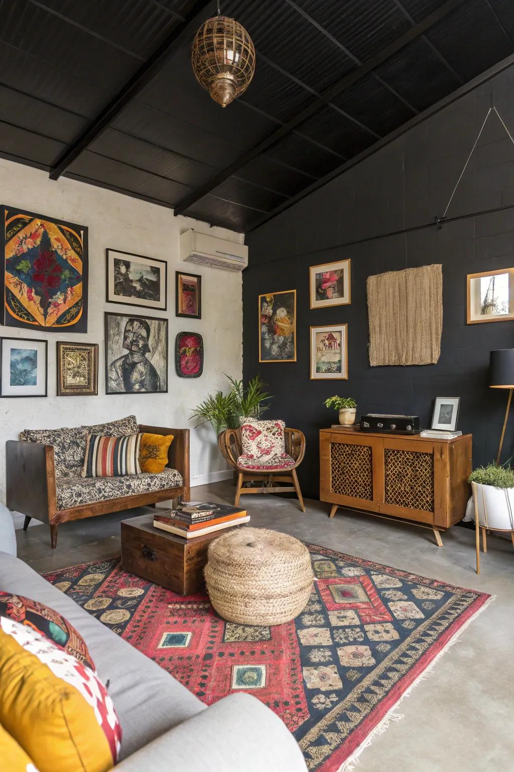 An eclectic room where diverse decor meets a black ceiling.